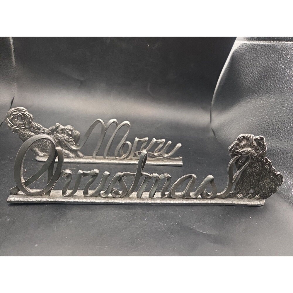 Metzke Pewter Vintage 2 Piece Merry Christmas  Dogs Pulling Ribbon for Mantle